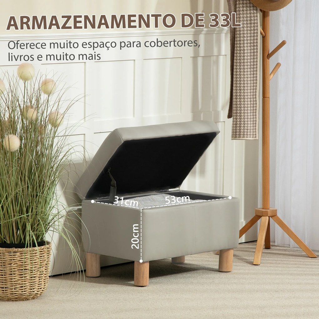 Baú de Armazenamento para Dormitório 33L Puff de Armazenamento Estofado em PU Banco de Arrumação 60x38x40 cm Cinza Claro