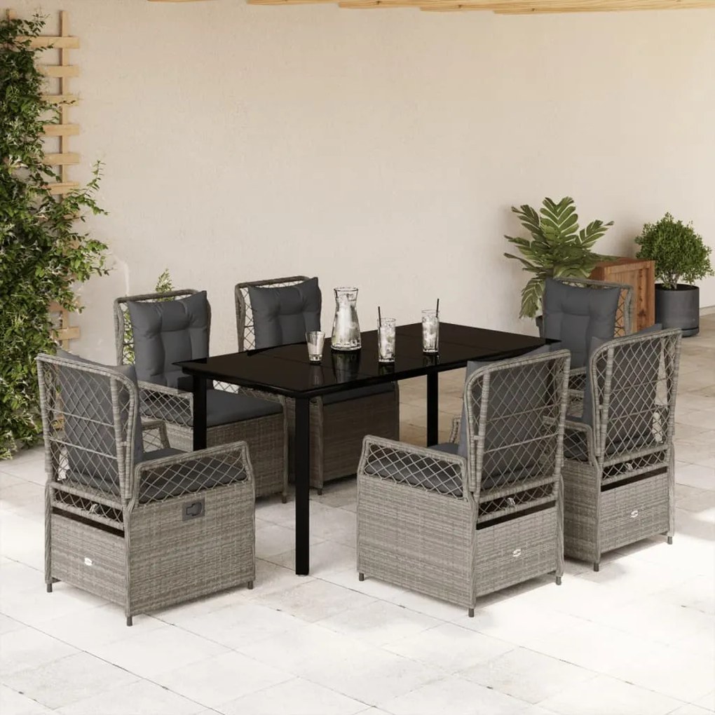 vidaXL 7 pcs conj. jantar p/ jardim c/ almofadões vime PE cinza-claro