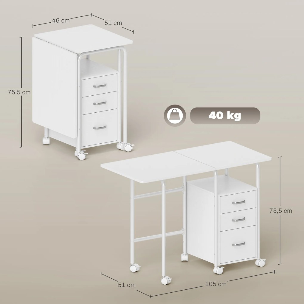 Secretária de computador dobrável com rodas 105 x 51 x 75,5 cm, secretária com espaço de arrumação, 3 gavetas, tampo extensível, branca