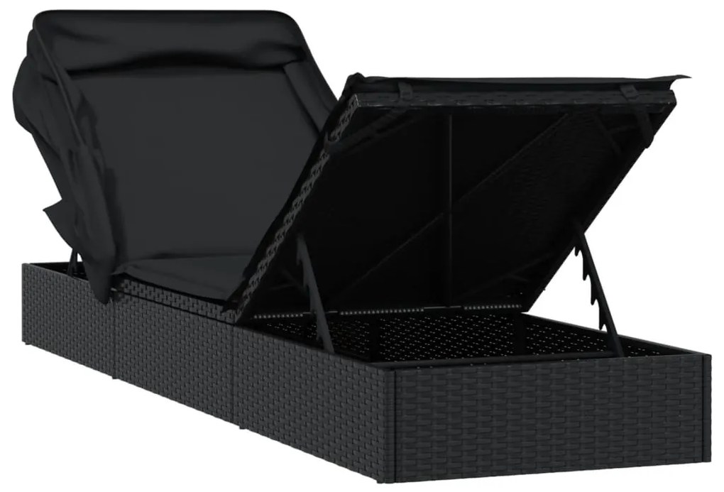 Espreguiçadeira c/ teto dobrável 213x63x97 cm vime PE preto