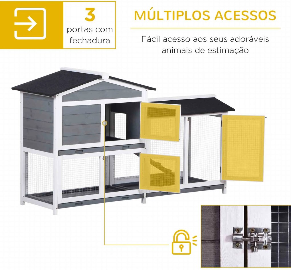 Coelheira de Madeira Exterior Gaiola para Coelhos de 2 Níveis com Teto Asfáltico 2 Cercados de Metal Bandeja Removível 3 Portas e Rampa 157,4x53x93,5