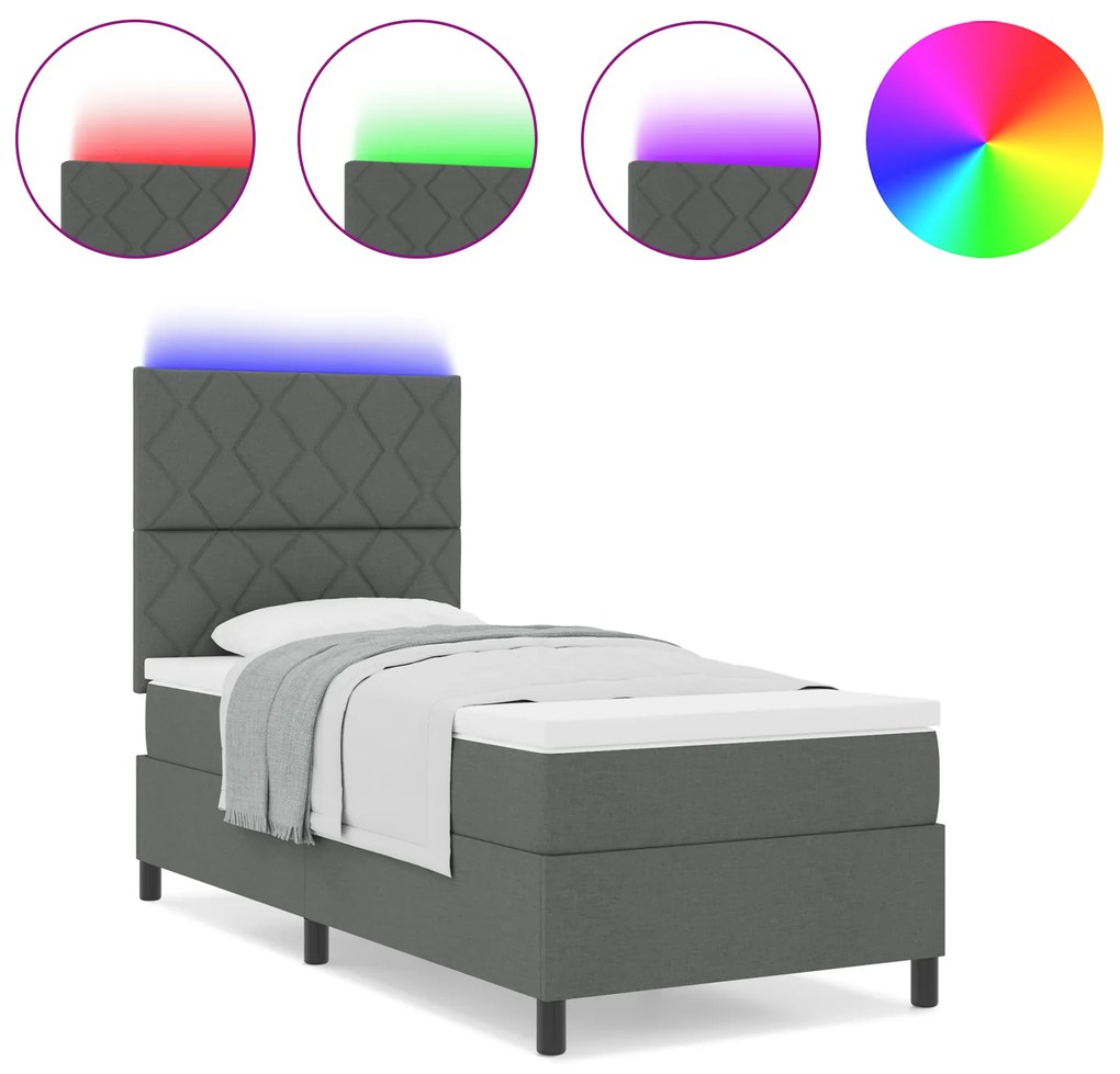 Cama Box Spring com Colchão & LED Cinza Escuro 90x190 cm Tecido
