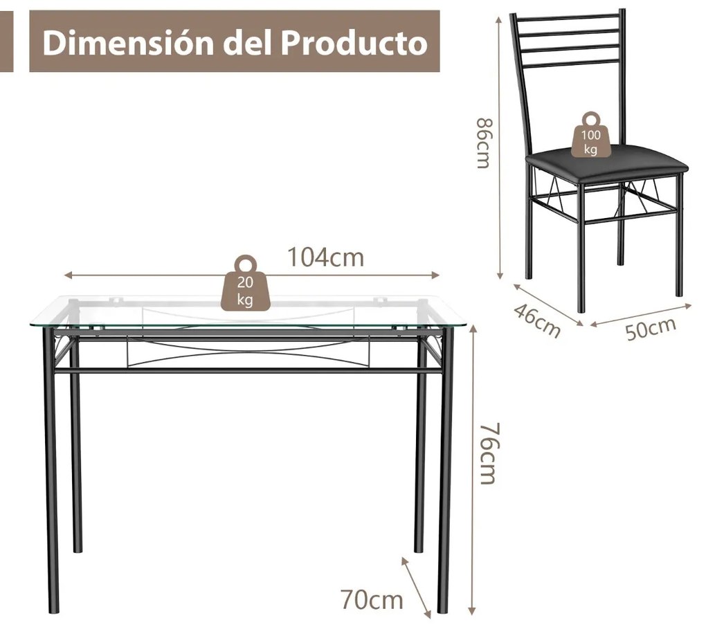 Conjunto de Jantar "Vetro" - Mesa com Tampo de Vidro Temperado e 4 Cad