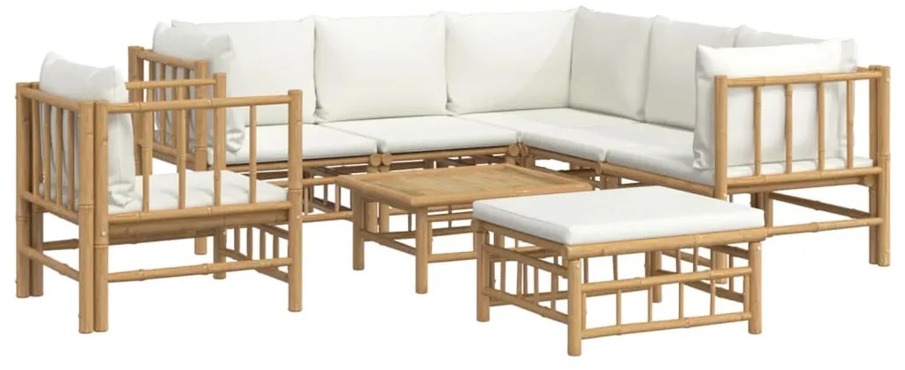8 pcs conjunto lounge de jardim bambu c/ almofadões branco nata