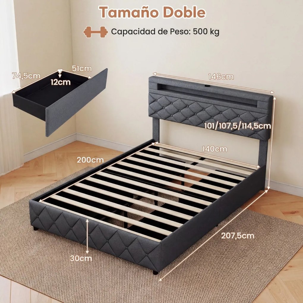 Estrutura de cama 140x200 cm (COLCHÃO NÃO INCLUIDO) com LED USB, estofado, gavetas, cabeceira ajustável, espaço de arrumação, ripas de madeira, não ne