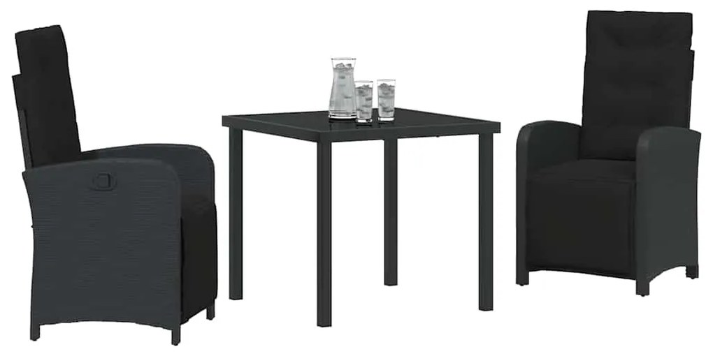 Conjunto de Jantar de Jardim em 3 Peças com Almofadas Preto de Rattan