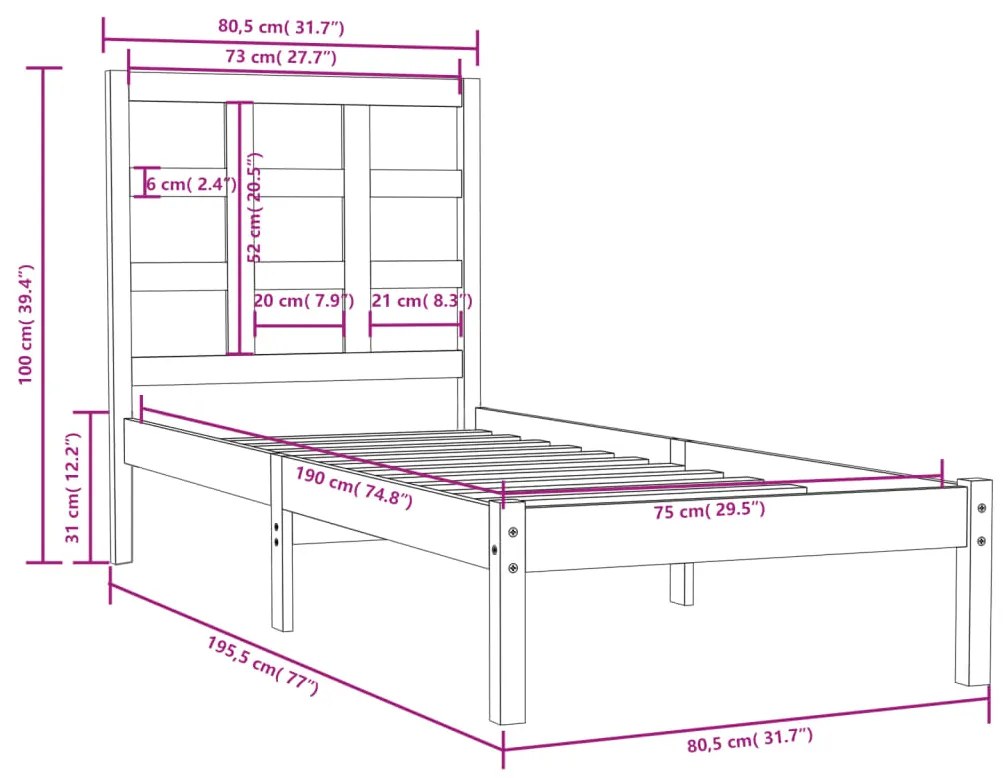 Estrutura cama pequena solteiro 75x190 cm madeira maciça