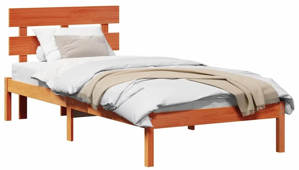 Estrado de Cama com Cabeceira Castanho 90x190 cm Madeira Maciça de Pin