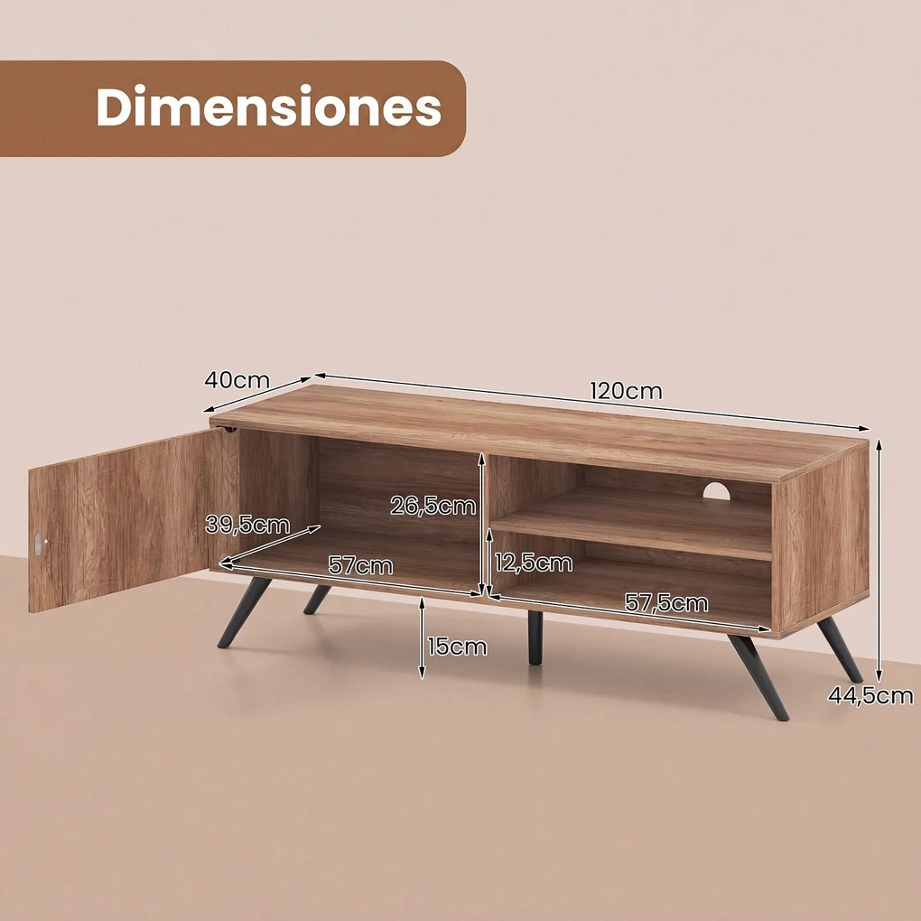 Móvel para TV, 120 x 40 x 44,5 cm, 2 Prateleiras Abertas e 1 Armário, Natural