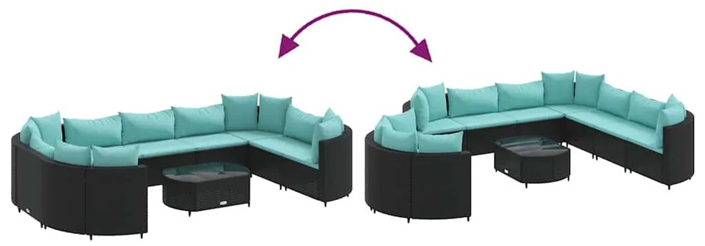 10 pcs conjunto sofás de jardim c/ almofadões vime PE preto