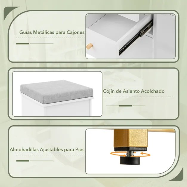 Conjunto de toucador com banco, espelho iluminado LED de 3 cores, mesa de maquilhagem e estação de carregamento integrada para quarto branco