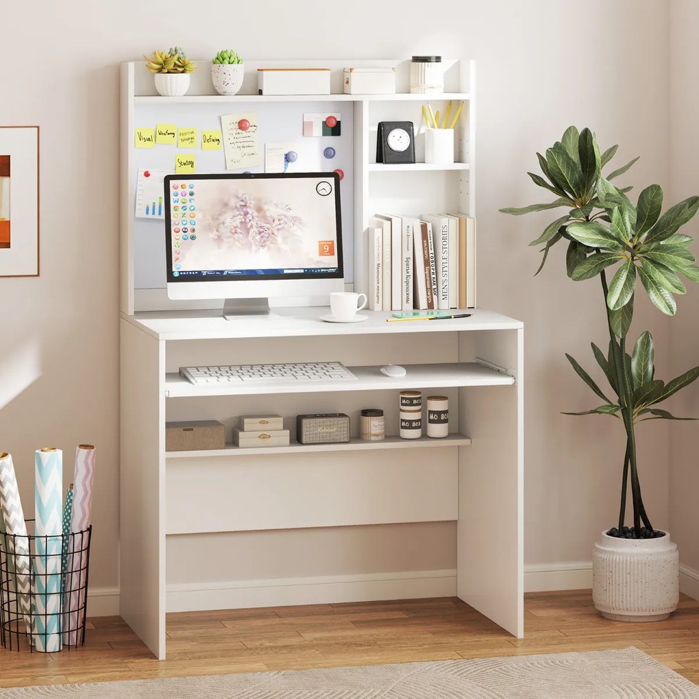 Secretária de computador 89 x 50 x 138 cm com quadro de avisos magnético e com Estante e Tabuleiro para teclado branco