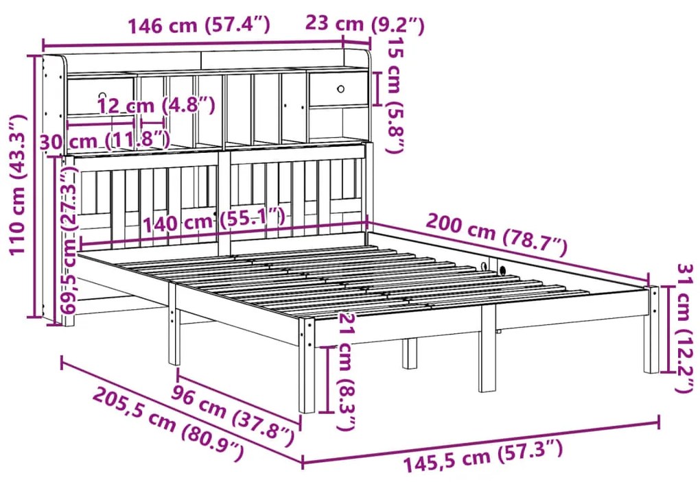 Cama com estante sem colchão 140x200 cm pinho maciço