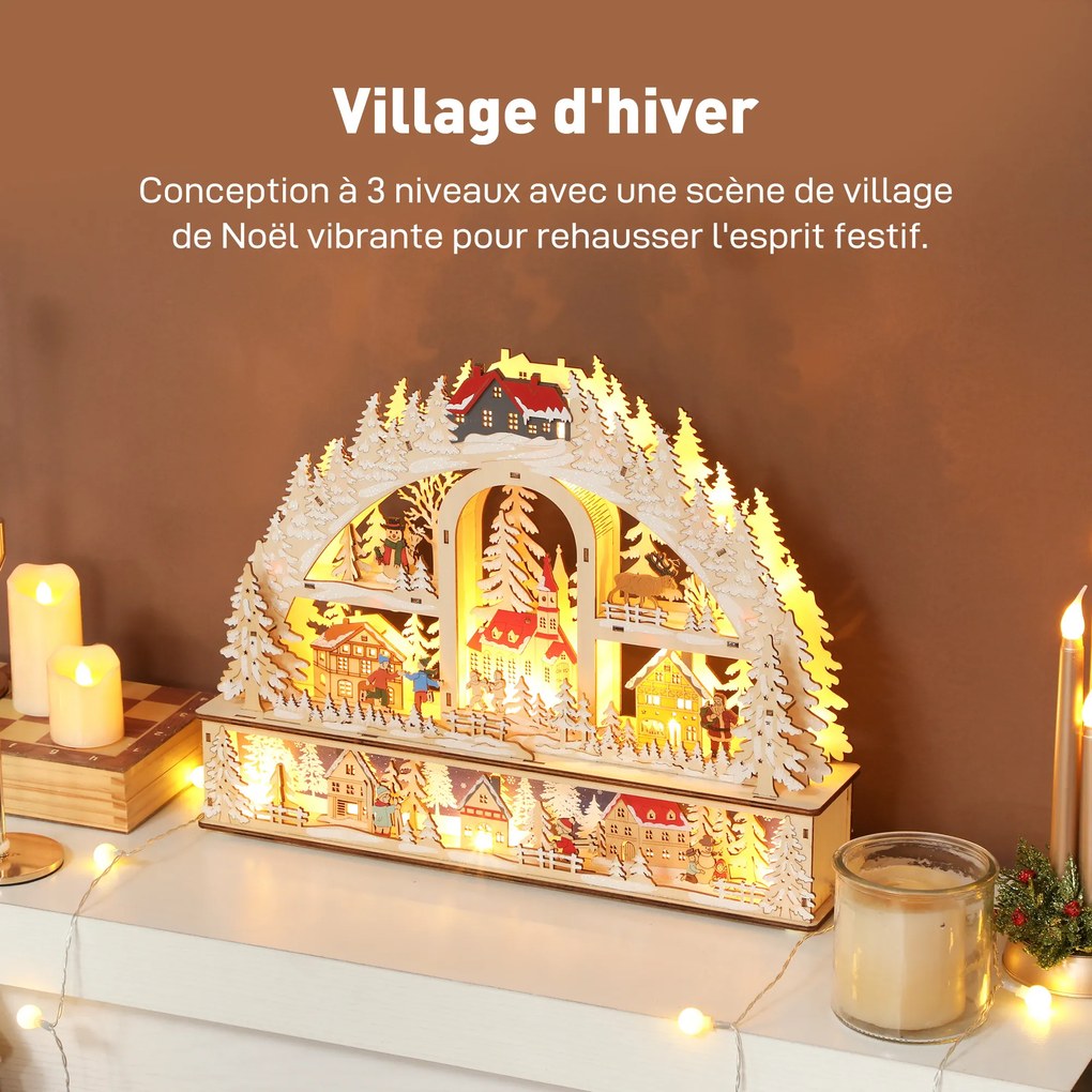 Aldeia de Natal iluminada com 20 LEDs, aldeia de Natal animada em forma de arco, funciona a pilhas, 45 x 10 x 35 cm, madeira natural