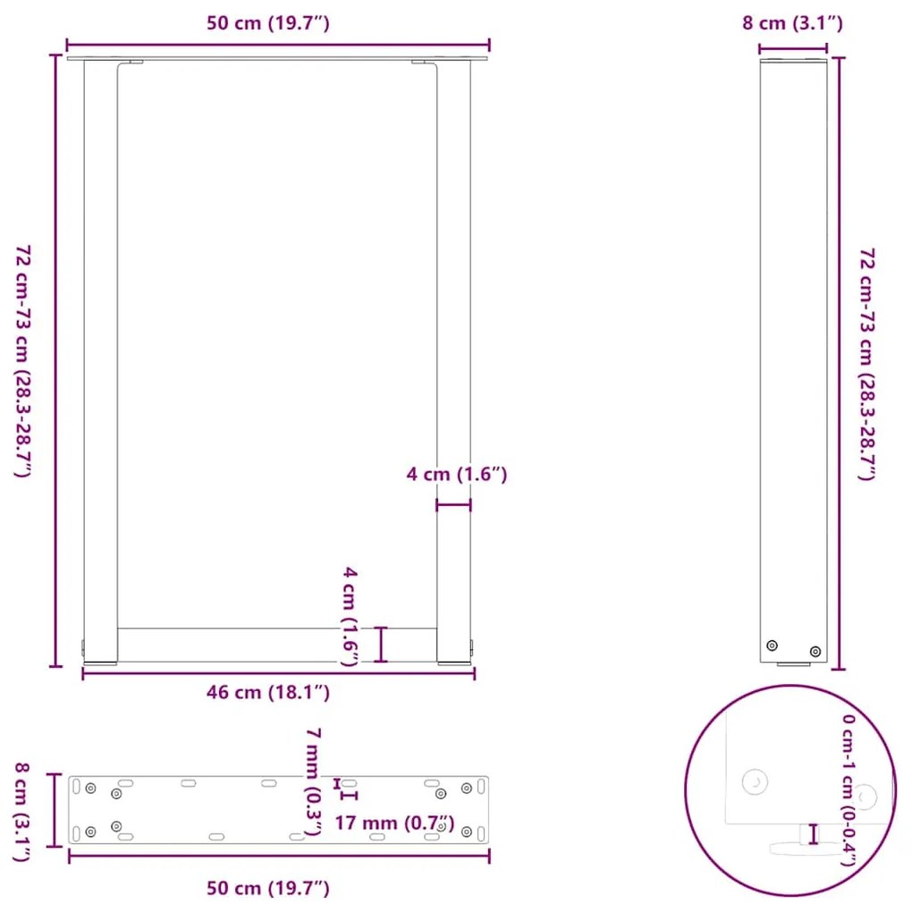 Pés para mesa de jantar em formato de U, 2 peças, aço natural, 50x(72-