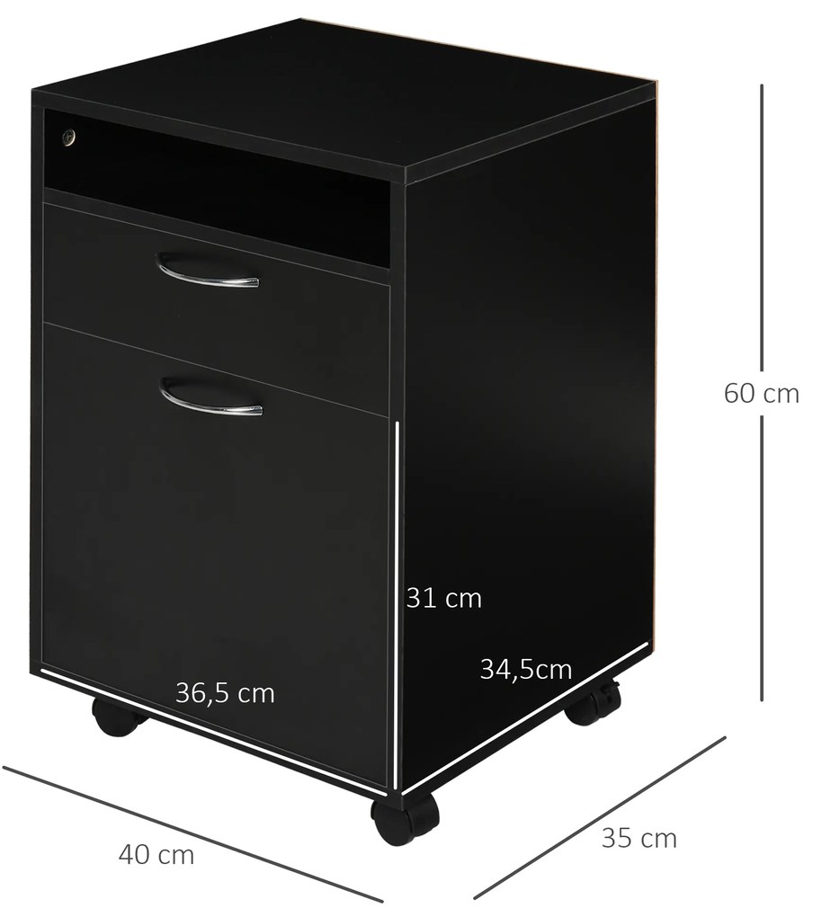 Bloco de Gavetas de Escritório com Armário e Gaveta Móvel Arquivador com Rodas Suporte para Impressora 40x35x60 cm Preto