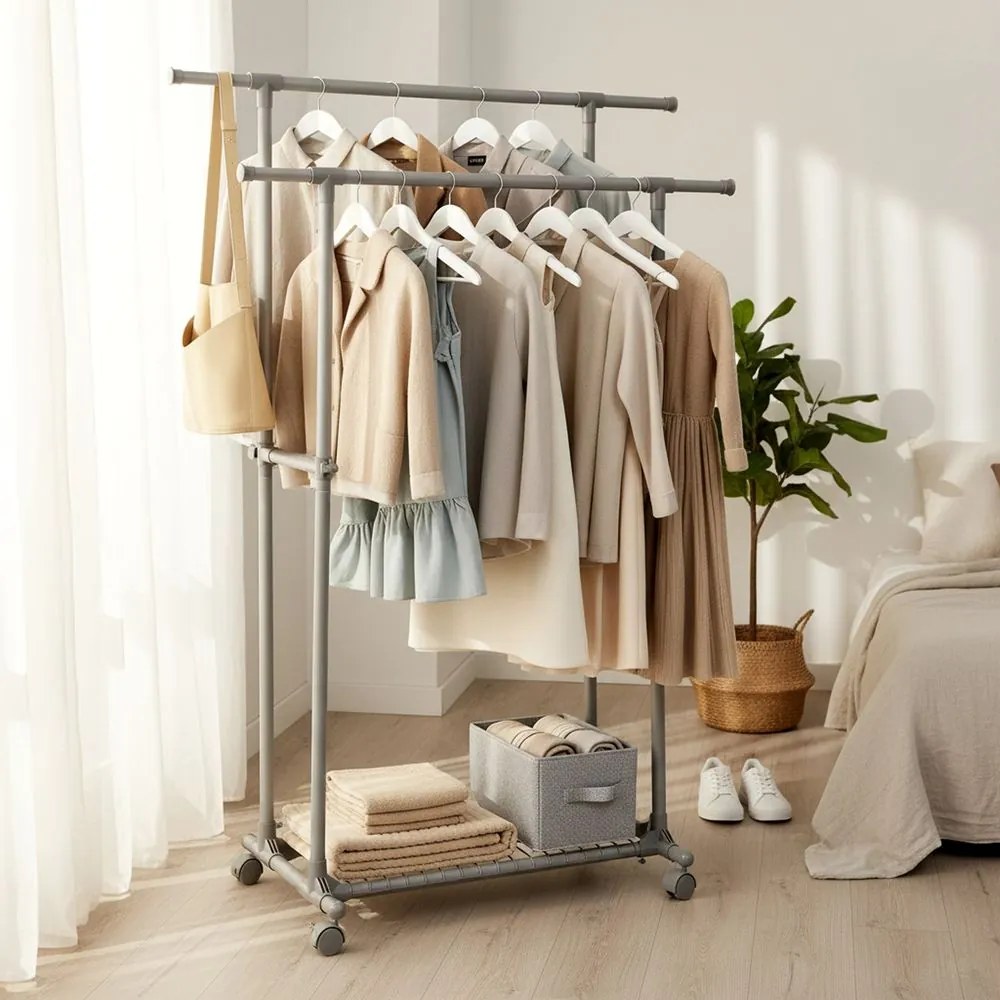 Guarda roupa aberto com rodas, extensível, (87-150) x 52 x 166 cm Cinza