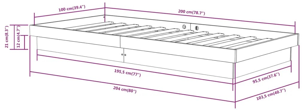 Estrutura de cama 100x200 cm madeira maciça preto