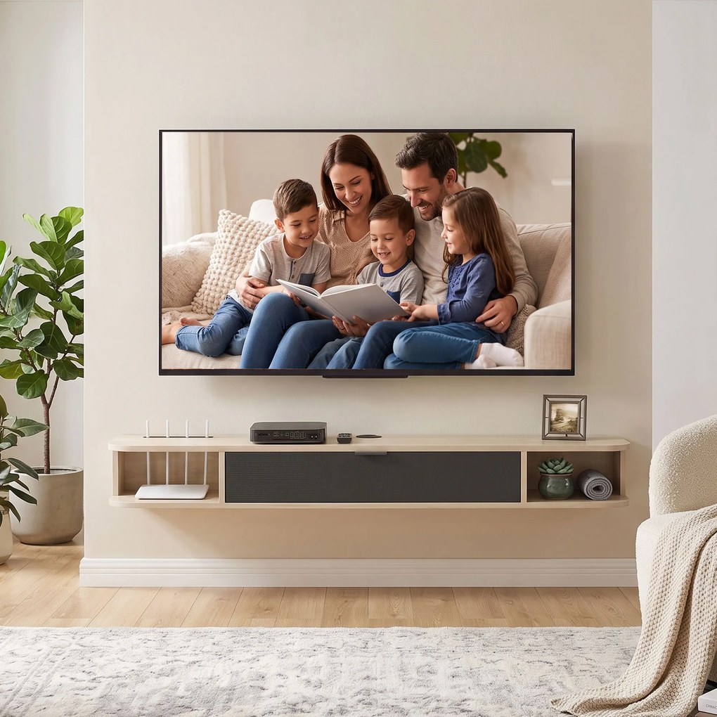 Móvel de TV suspenso 140 x 24 x 16 cm, móvel para televisores até 60 polegadas, gaveta rebatível, 2 prateleiras, madeira cor natural e preto