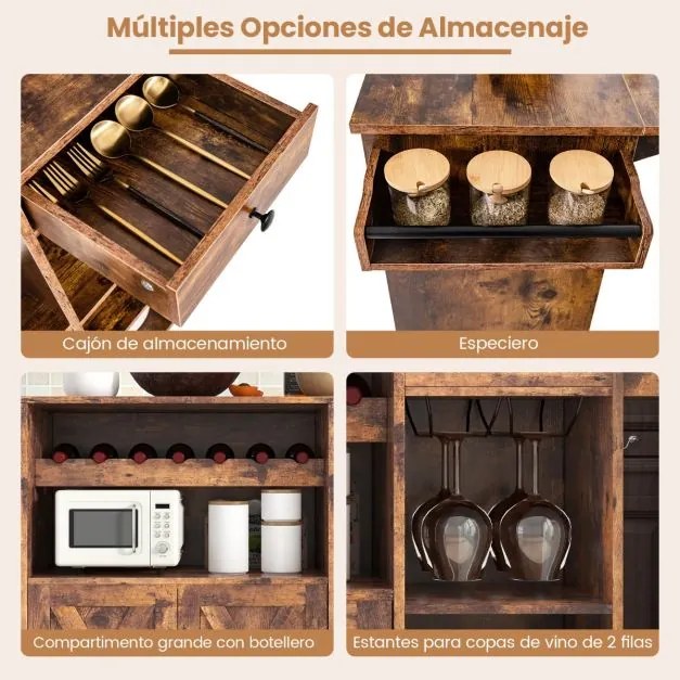 Carrinho de cozinha buffet com rodas Estante de vinho dobrável para copos 121 x 68 x 88 cm Castanho rústico