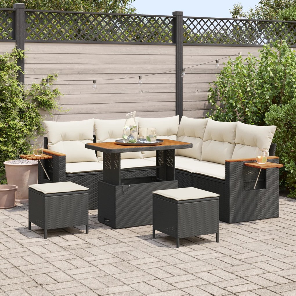 Conjunto de Sofá de Jardim vidaXL 8 peças com Almofadas Preto Rattan PE Acácia