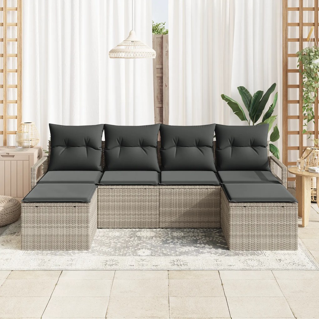 Conjunto de Sofá de Jardim vidaXL com Almofadas Cinzento-Claro Vime PE