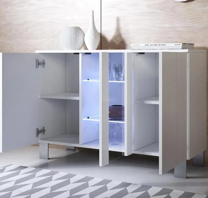 Aparador Moderno Vilarinho – 120x82 cm – Branco com LED Azul e Pés de