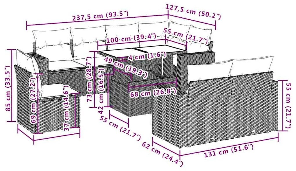9 pcs conjunto de sofás p/ jardim c/ almofadões vime PE preto