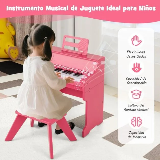 Piano de brincar com 25 teclas para crianças 38 x 24 x 47 cm, com banco e suporte, velocidade e volume ajustáveis, modo de aprendizagem, design em mad