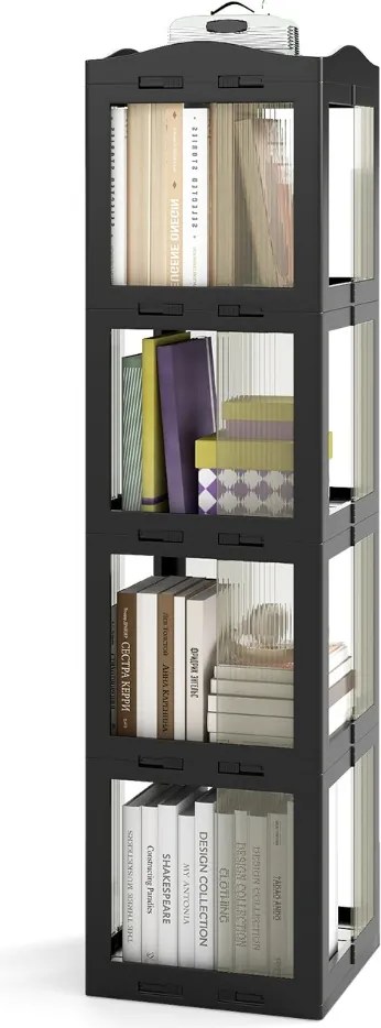 Estante com base giratória giratória 360° com 4 níveis em Plástico dobrável 36,5 x 36 x 141,5 cm com prateleiras Preta