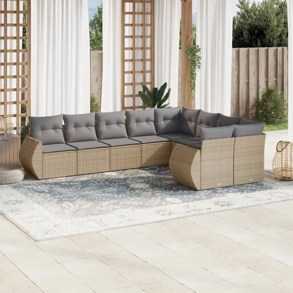 9 pcs conjunto de sofás p/ jardim com almofadões vime PE bege