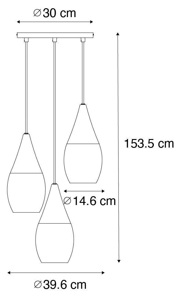 Candeeiro suspenso moderno dourado com vidro âmbar 3 luzes - Drop Moderno