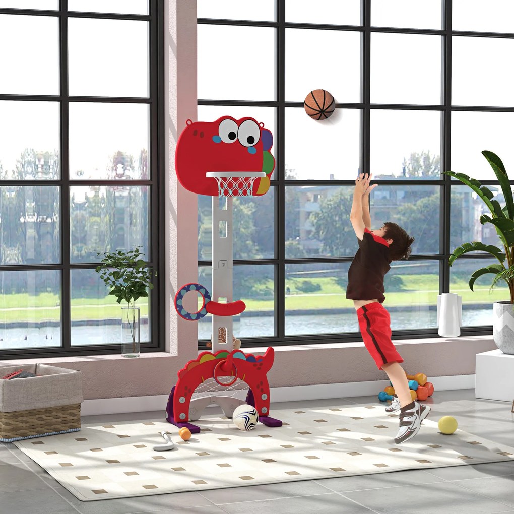 Cesto de Basquetebol 5 em 1 com Altura Ajustável Futebol Golf Aros Jogo de Lançamento 46x51x134-152 cm Vermelho