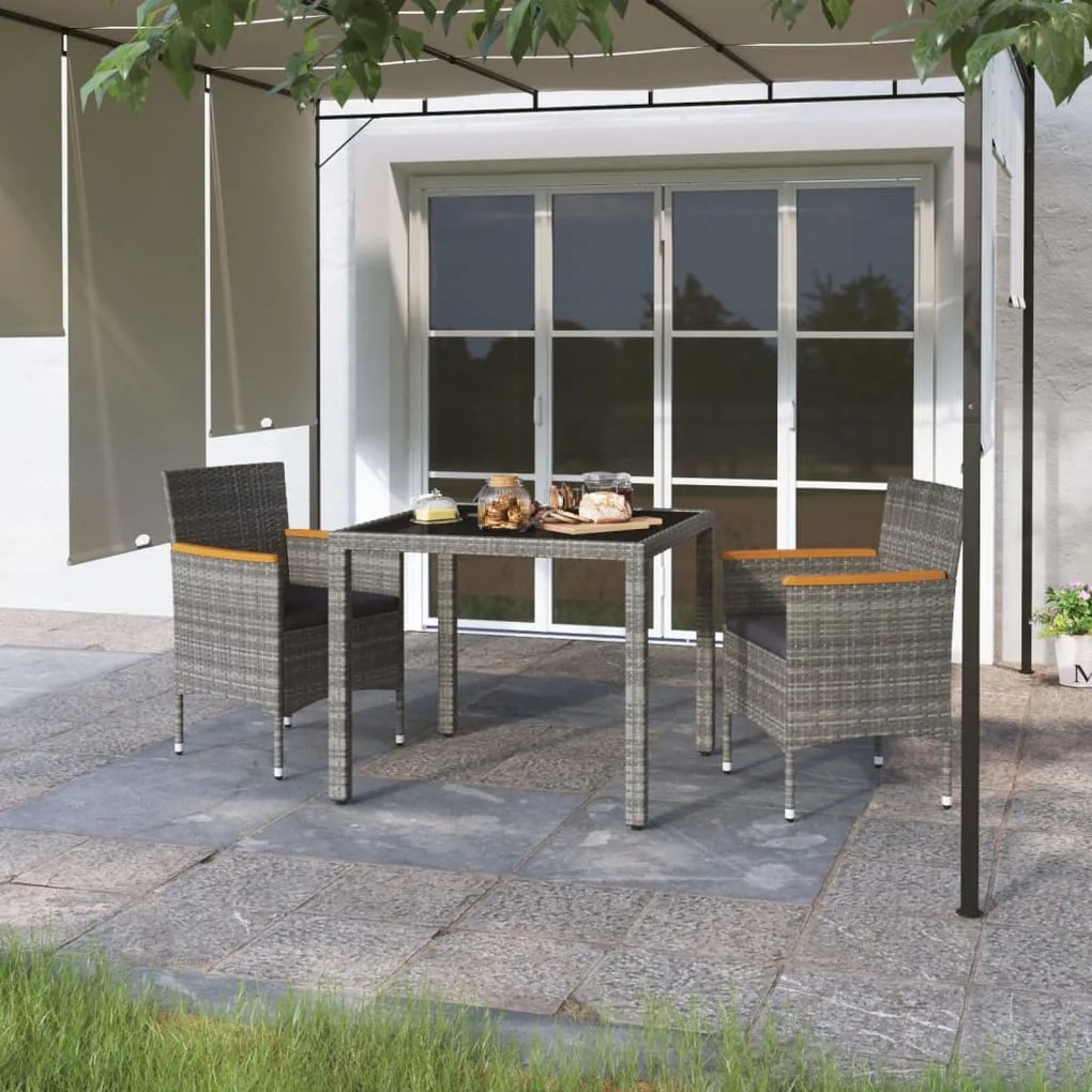 vidaXL 3 pcs conjunto de jantar jardim vime PE e vidro temperado cinza