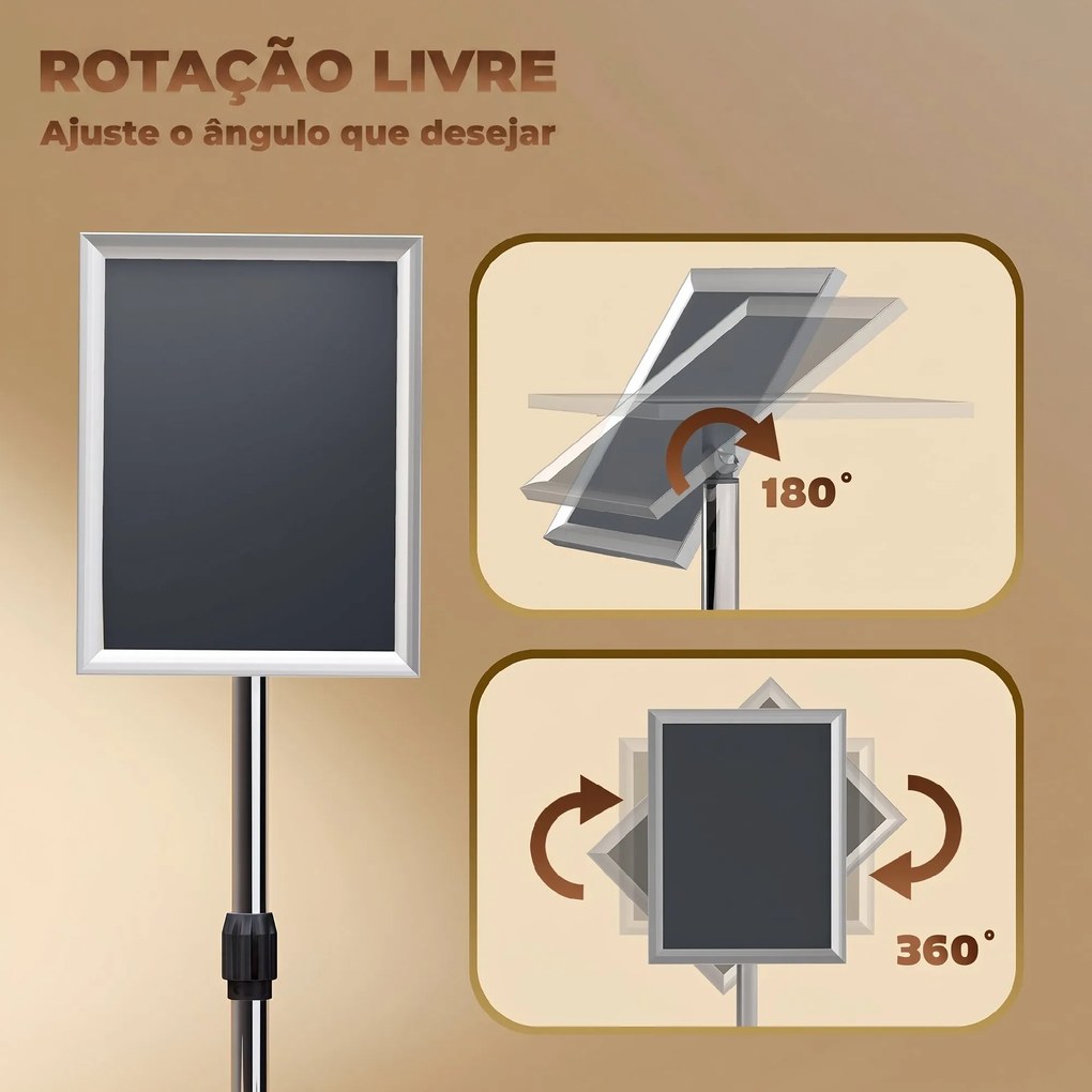 Suporte para Cartazes A3 Altura Ajustável Giratório 360° Moldura de Alumínio e Aço Inoxidável Prata