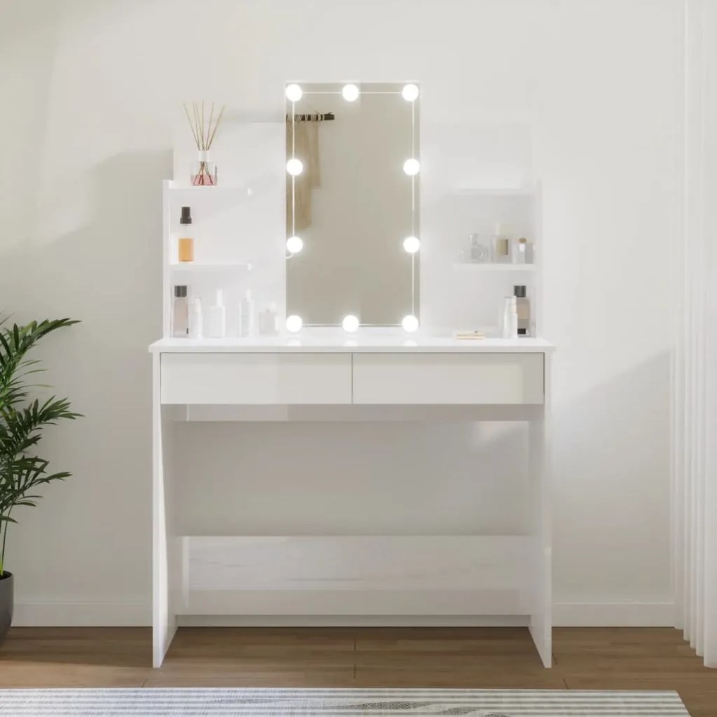808825 vidaXL Toucador com LEDs 96x40x142 cm branco brilhante