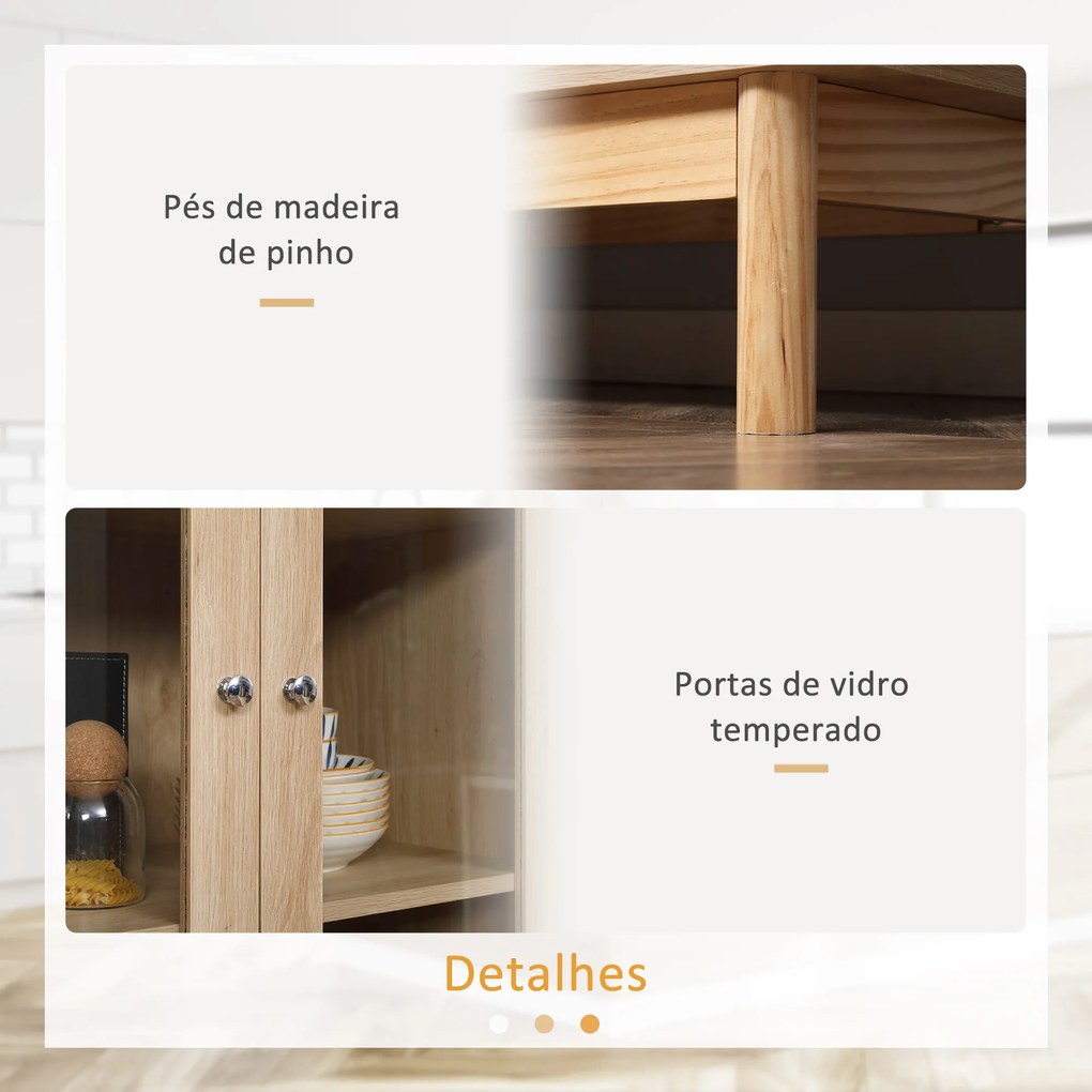 HOMCOM Armário de Cozinha Móvel Auxiliar de Cozinha com 1 Gaveta 4 Portas de Vidro Prateleiras Ajustáveis e Pés Elevados para Sala de Jantar Sala de Estar Anti-Tombamento 76x40x183cm Carvalho