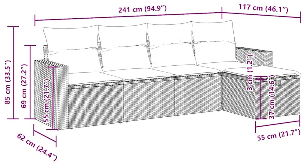 5 pcs conjunto de sofás p/ jardim com almofadões vime PE bege
