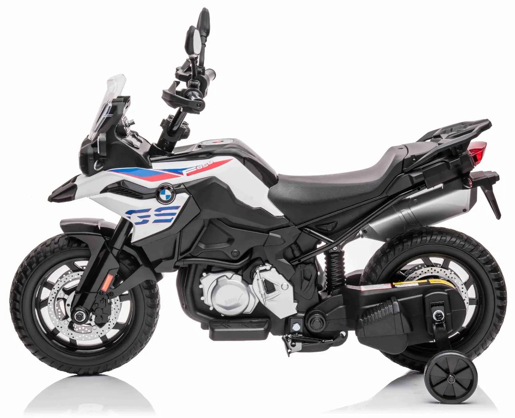 Mota Eléctrica BMW F850 GS Bateria 12V Crianças, Rodas macias em EVA, Motores 2 x 35W, Luces LED, Rodas auxiliares, Leitor de MP3 com entrada USB/Aux,