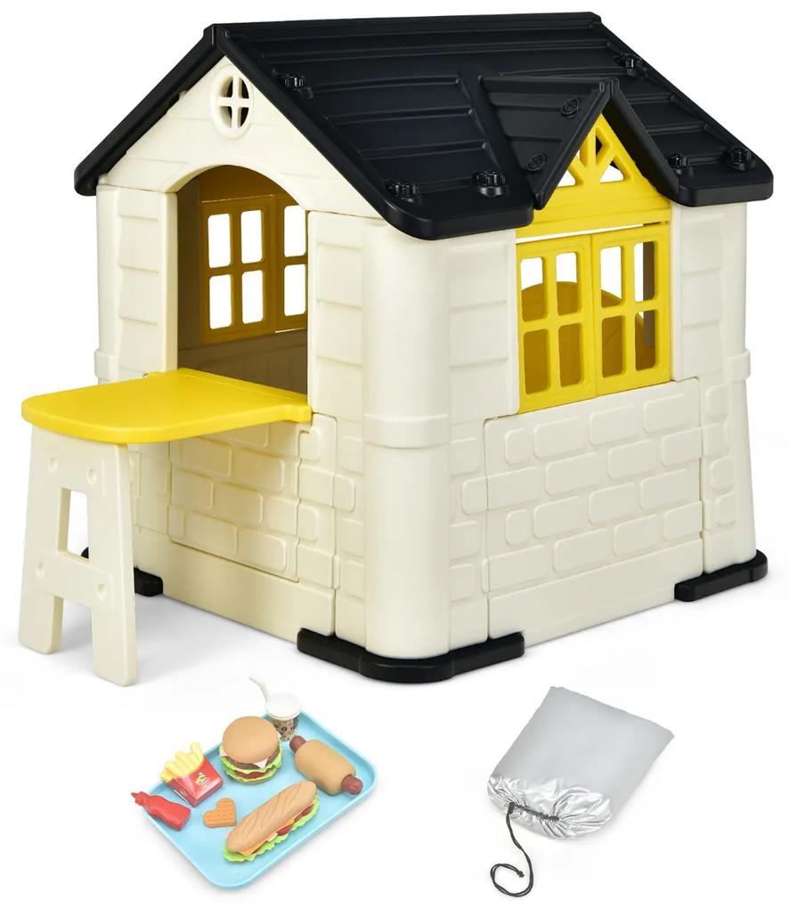 Casa de Brincar Infantil com Janelas Porta Dupla com 7 Brinquedos Interior/exterior Cobertura impermeável 164 x 124 x 132 cm Amarela