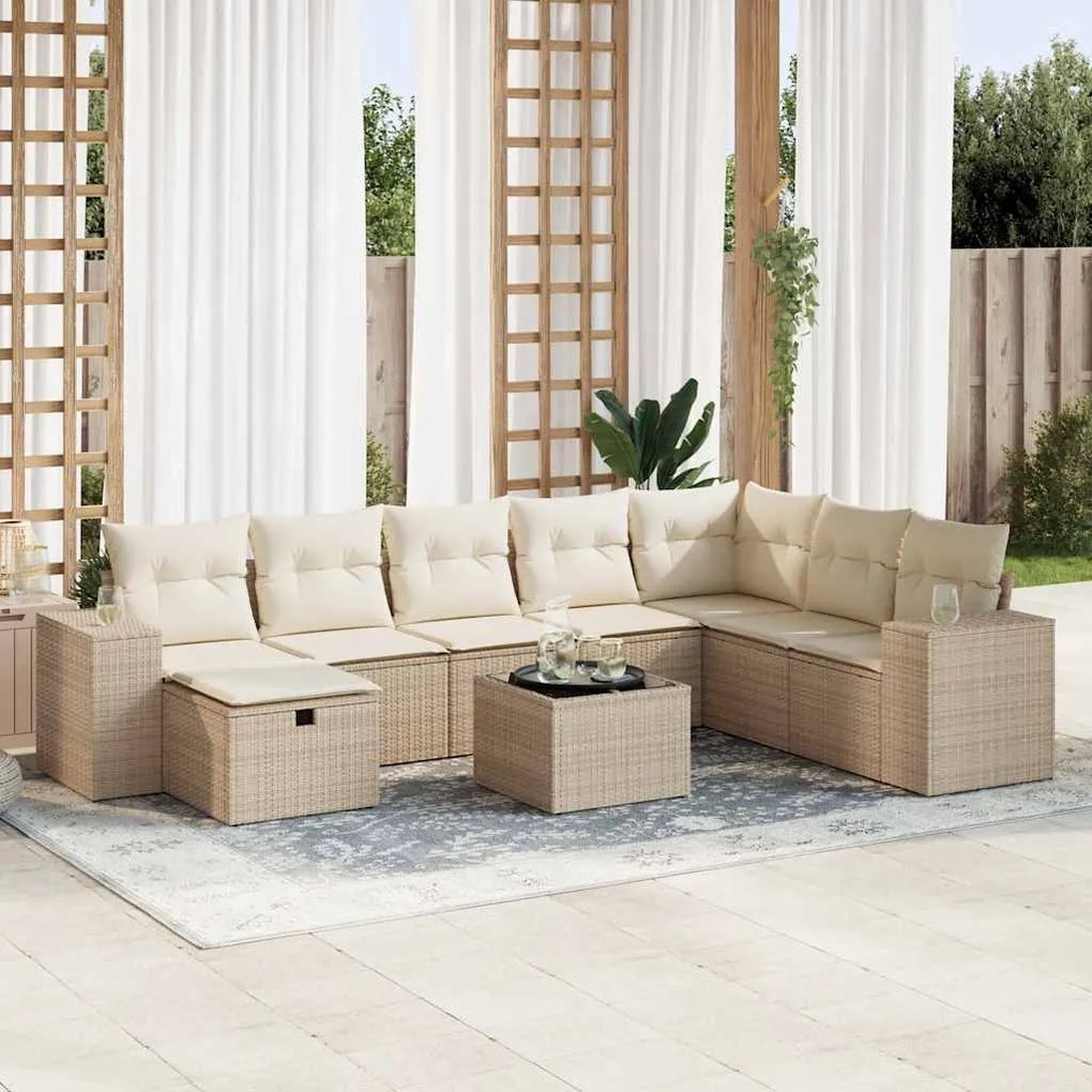 vidaXL 9 pcs conjunto de sofás p/ jardim com almofadões vime PE bege