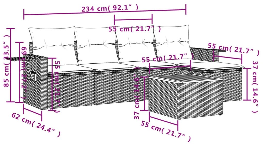 6 pcs conjunto sofás de jardim com almofadões vime cinzento
