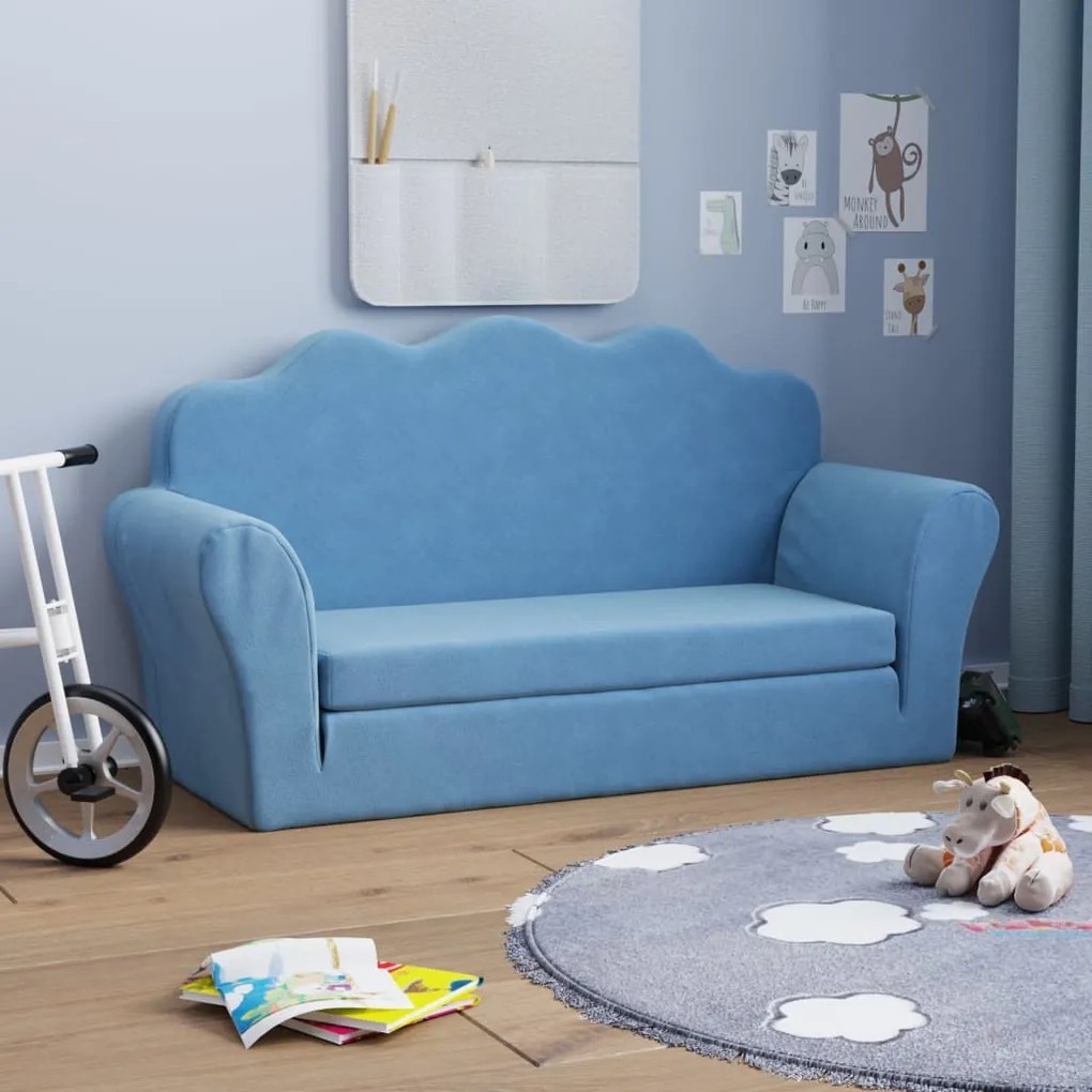 341879 vidaXL Sofá-cama infantil de 2 lugares pelúcia azul