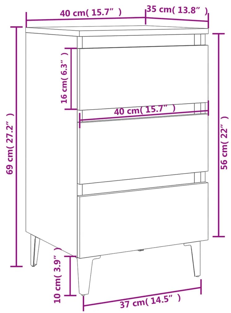 Mesa cabeceira pernas de metal 40x35x69 cm cor carvalho fumado