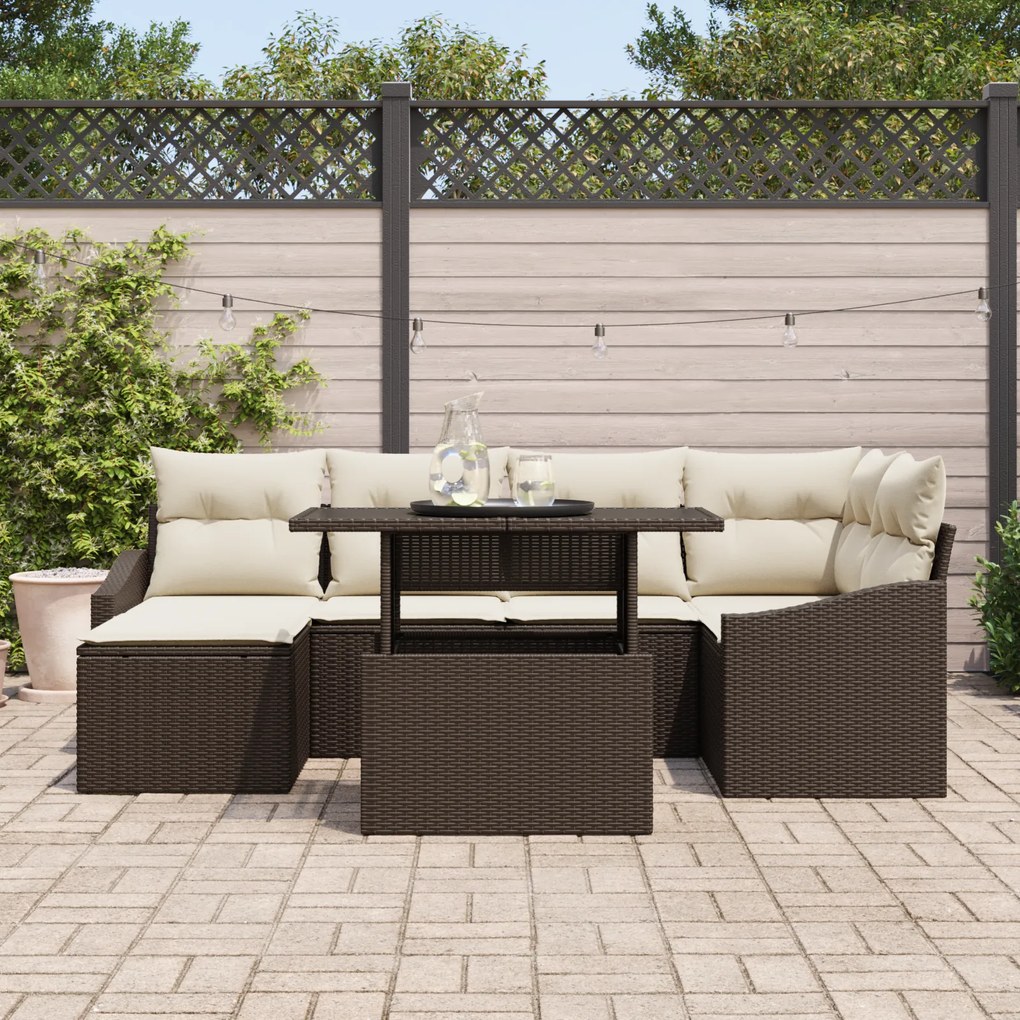 Conjunto de Sofá de Jardim com 7 Peças e Almofadas Castanho em Rattan