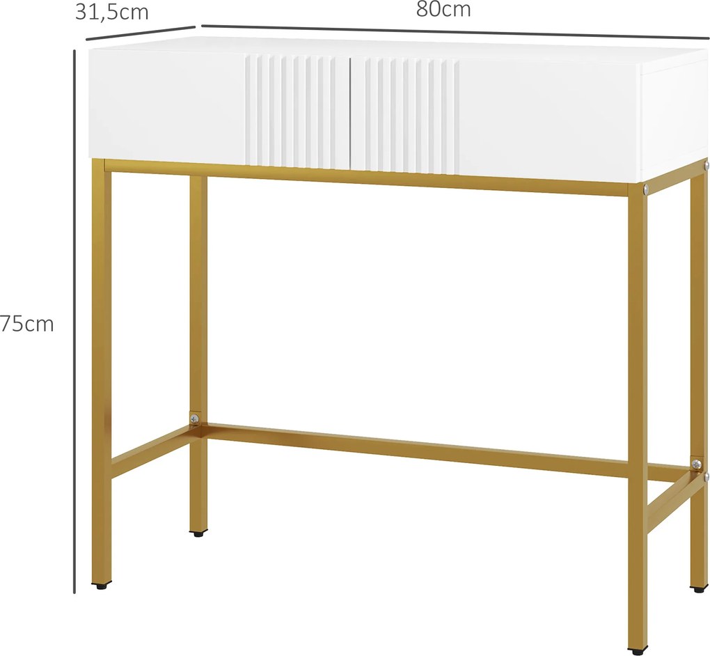 Mesa Consola Moderna Mesa de Entrada com 2 Gavetas e Pés de Aço Anti-tombo para Entrada Sala Corredor 80x31,5x75 cm Branco