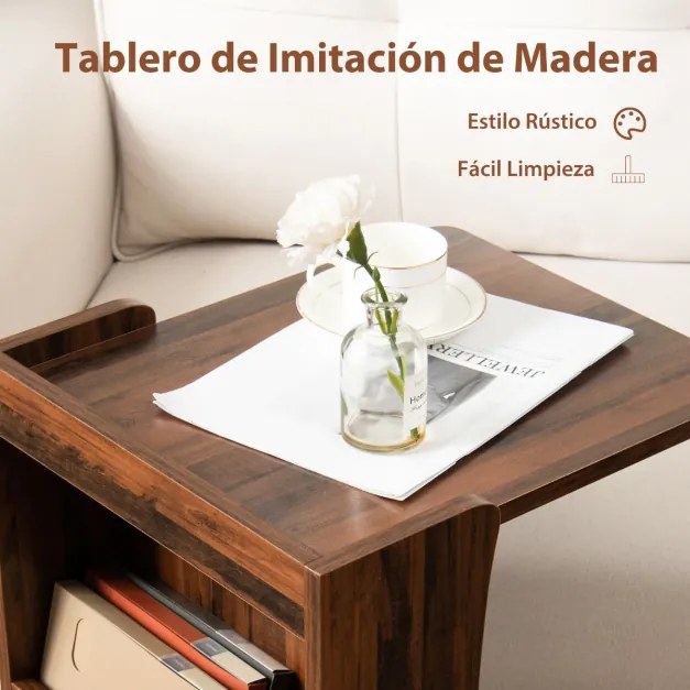 Mesa lateral móvel em forma de C com prateleira aberta 2 níveis para sala de estar quarto 42,5 x 38 x 67 cm Castanho