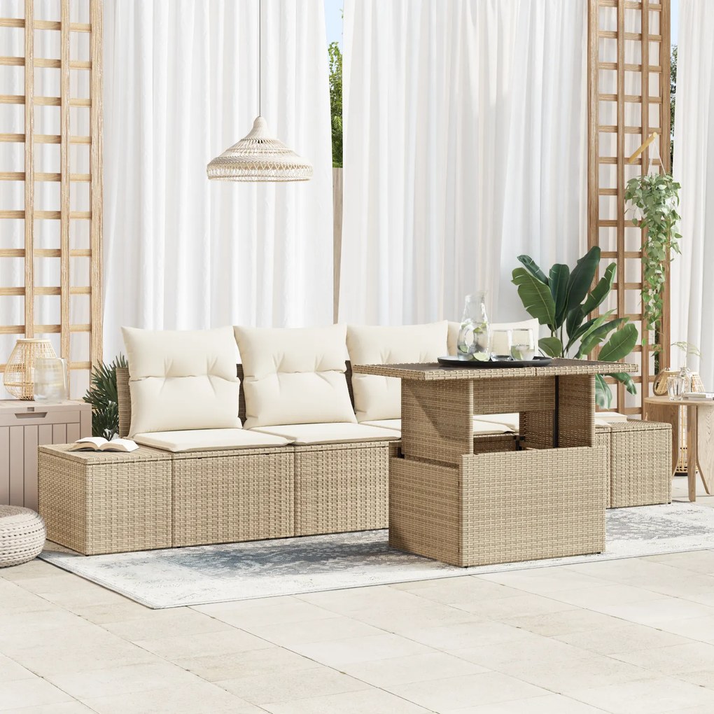 Conjunto de Sofás de Jardim 5 Peças com Almofadas Bege em Rattan Sinté