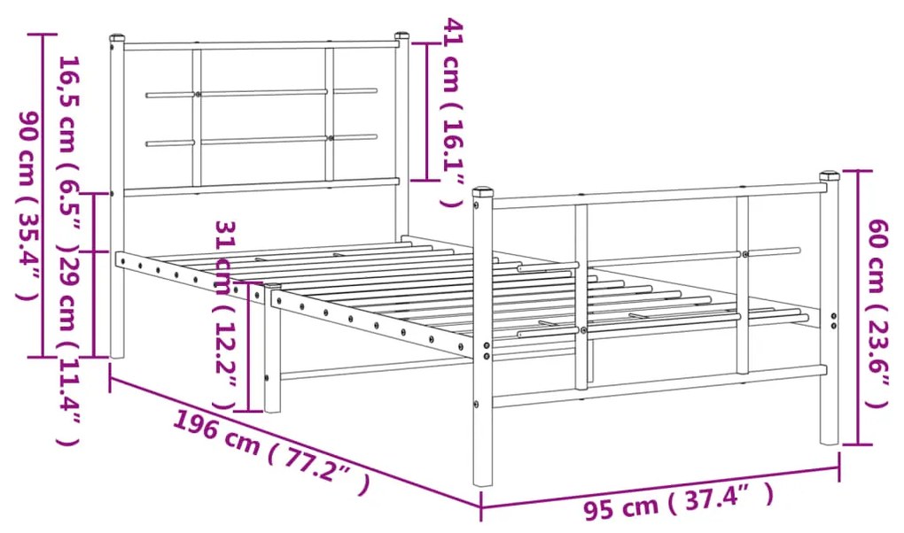 Estrutura de cama com cabeceira e pés 90x190 cm metal branco