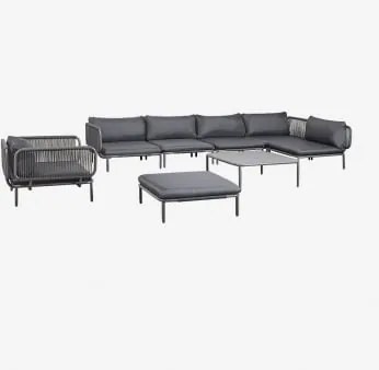 Conjunto De Jardim Com Sofá Modular De Canto De 5 Peças, Mesa De Centro, Puff E Poltrona Em Aço Roubly Cinza Grafito - Sklum